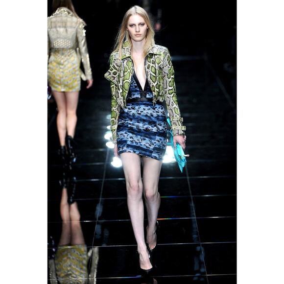 Spring 2011 Size 6 Blue Black Silk Camouflage Leather Knee-Length Dress - Picture 2 of 8